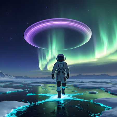 Astronaut in outer space with aurora borealis. 3D renderingの素材