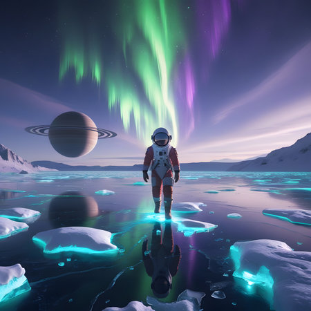Astronaut in outer space and aurora borealis. 3d renderの素材