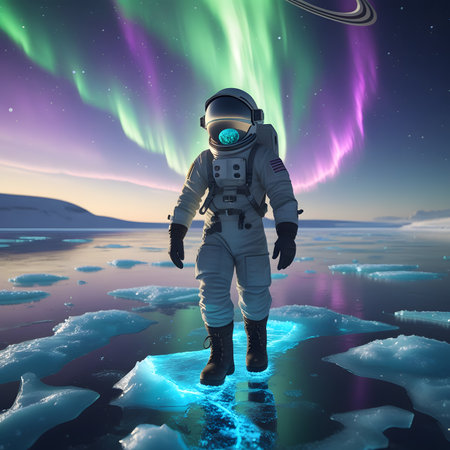 Astronaut in outer space with aurora borealis. 3D renderingの素材