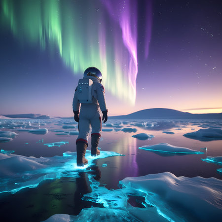 Astronaut in space against aurora borealis. 3d renderの素材