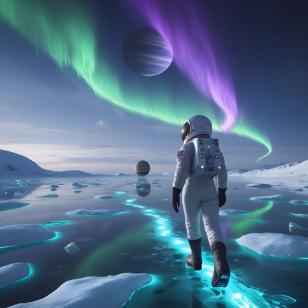 Astronaut and aurora borealis in space. Mixed mediaの素材