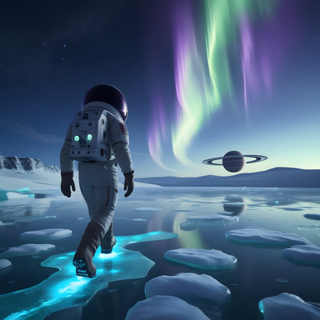 Astronaut in outer space against aurora borealis. 3D renderingの素材