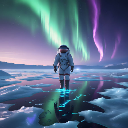 Astronaut in space with aurora borealis. 3D renderingの素材