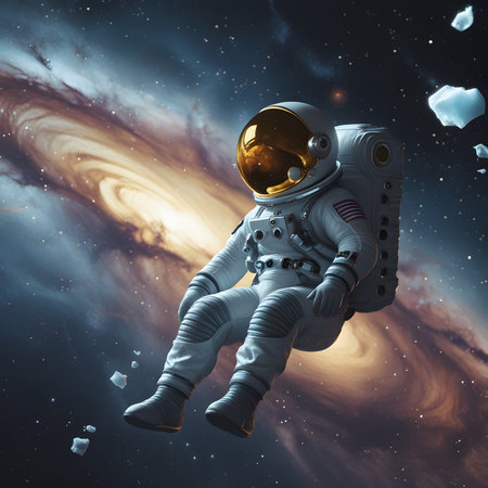 Astronaut in outer space against aurora borealis. 3d renderingの素材
