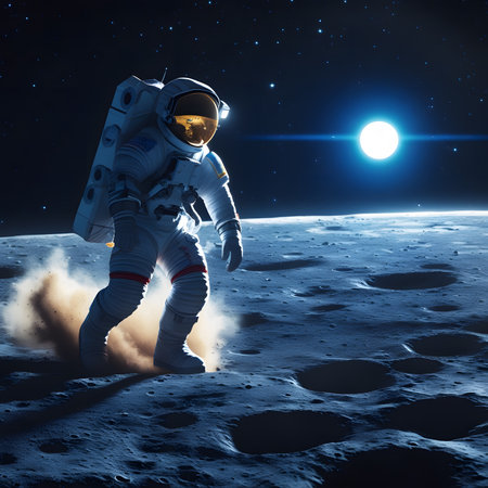 Astronaut in outer space against the background of the moon. Mixed mediaの素材