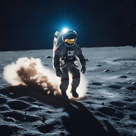 Astronaut running on the moon. Mixed media. Mixed mediaの素材