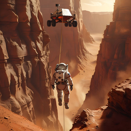 Astronaut flying over the canyon. 3D Rendering.の素材