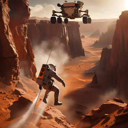 Space explorer in a desert landscape. 3D rendering. Computer digital drawing.の素材