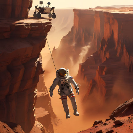 Astronaut flying over the canyon. 3d render illustration.の素材