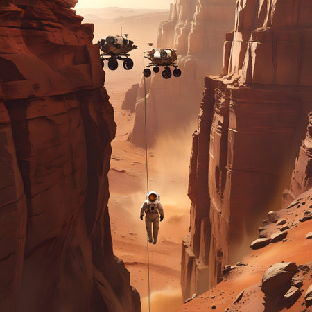 Astronaut floating on the surface of the canyon. 3D renderingの素材