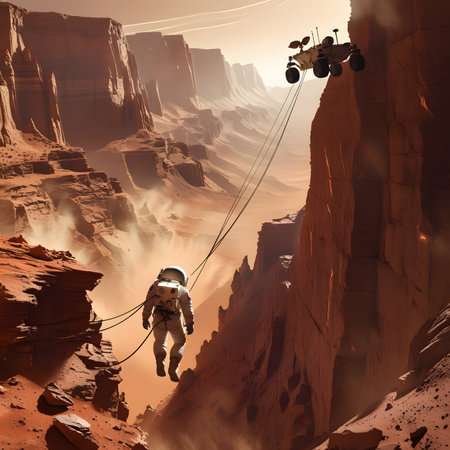 Astronaut flying over the canyon. 3d render illustration.の素材