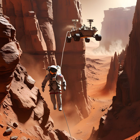 Astronaut in deep red canyon. 3D rendering. Computer digital drawing.の素材