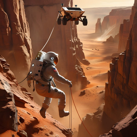 Astronaut in deep red canyon. 3D render illustration.の素材