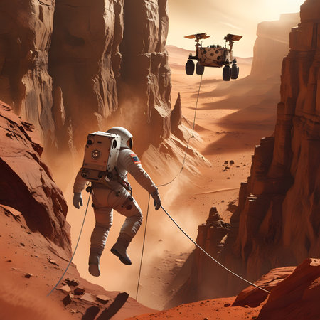 Space explorer with a camera and a drone in the desert. 3d renderingの素材