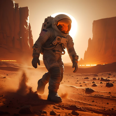 Astronaut running in the desert at sunset. 3d renderingの素材