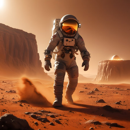 Astronaut in the desert at sunrise. Mixed media. Mixed mediaの素材