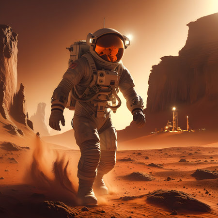 Astronaut walking in the desert. 3D illustration. Fantasy.の素材