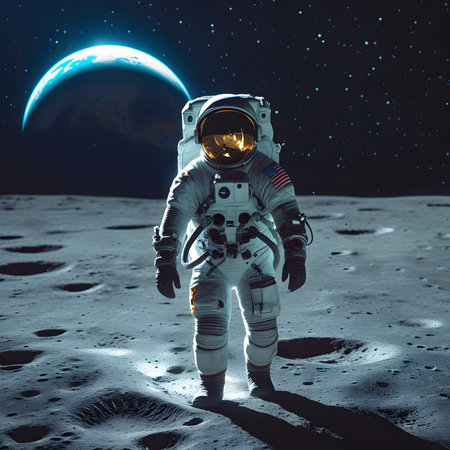 Astronaut in outer space against the background of the moon. Mixed mediaの素材