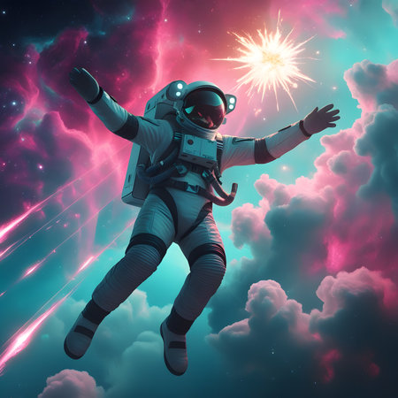 Astronaut in spacesuit with open arms on background of starsの素材