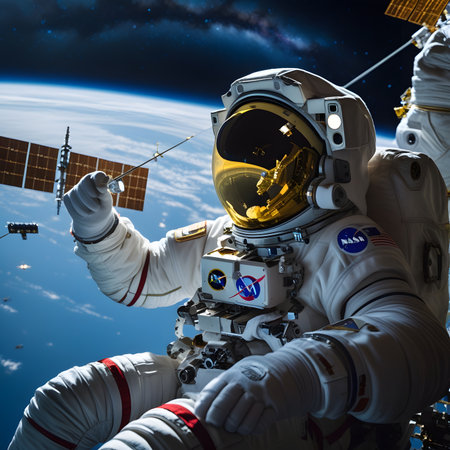 Astronaut spaceman do spacewalk while working for space station in outer space.の素材