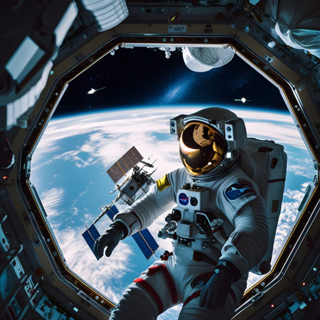 Astronaut in outer space. Mixed media. Mixed media. Mixed mediaの素材