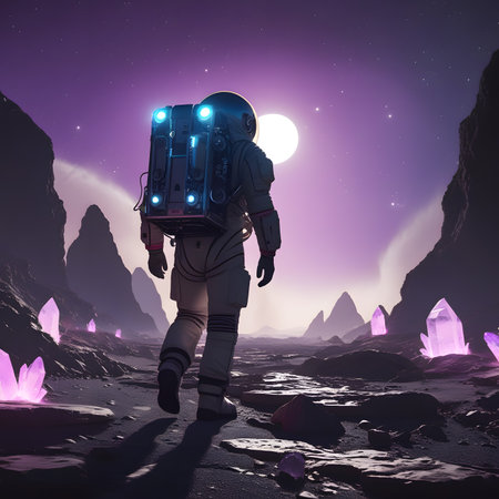 Astronaut walking on the stone path to the moon. Fantasy landscape.の素材