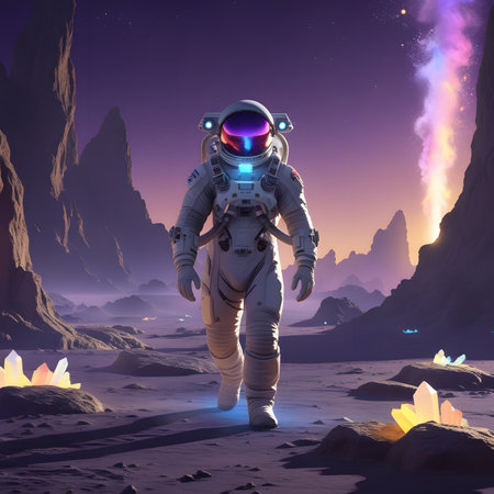 Astronaut in space. Fantasy landscape. 3D rendering.の素材