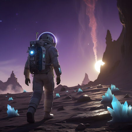 Astronaut walking on the surface of an alien planet. 3d renderingの素材