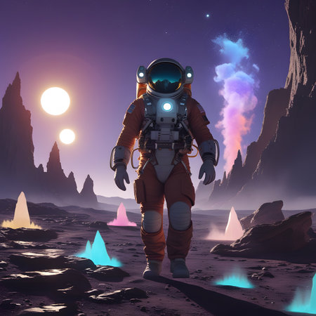 Astronaut in space. Fantasy landscape. 3D rendering.の素材