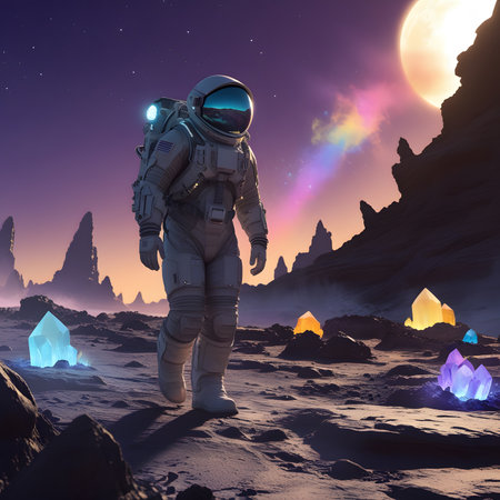 Astronaut in outer space. Fantasy landscape. 3D renderingの素材
