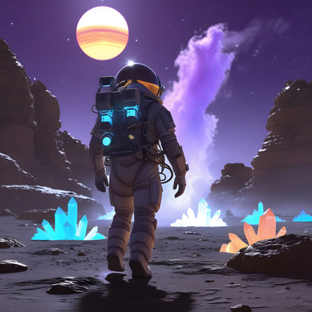 Astronaut in outer space with full moon. 3D renderingの素材