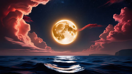 Full moon over sea and sky. 3d illustration. Elements of this image furnished by NASAの素材