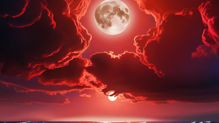 3D render of a red sunset over the sea with a full moonの素材