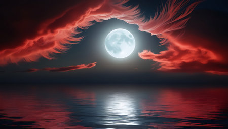 Full moon over the sea with clouds and sky reflected in the waterの素材