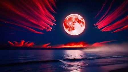 Fiery red full moon over sea at night. Collage.の素材