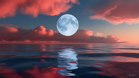 Fantasy landscape with full moon over the sea. 3d illustrationの素材