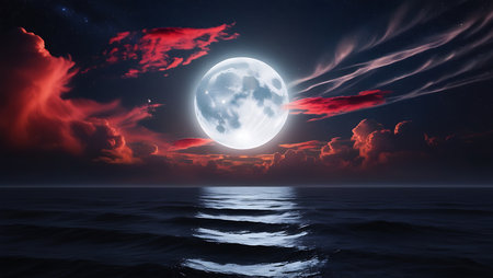Full moon over the sea with clouds in the sky. 3d renderの素材
