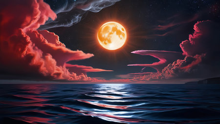 Fantasy landscape with a full moon in the sky. 3d renderingの素材