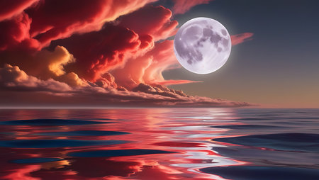 Fantasy landscape with a full moon in the sky over the seaの素材