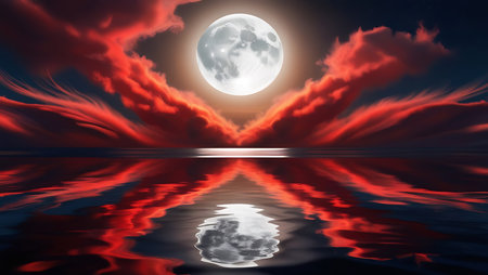 Landscape with full moon reflected in water. 3D illustration.の素材