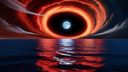 Bloody moon on the background of the sea. 3d renderの素材