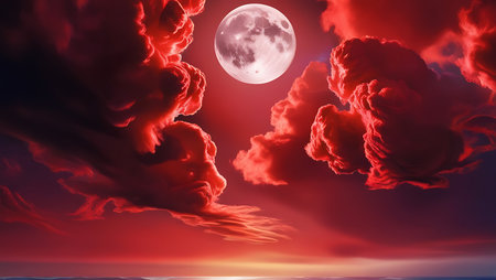 Red sky with clouds and full moon, 3d render illustration.の素材