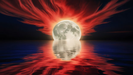 Sunset over sea with clouds and reflection in water. 3d renderの素材