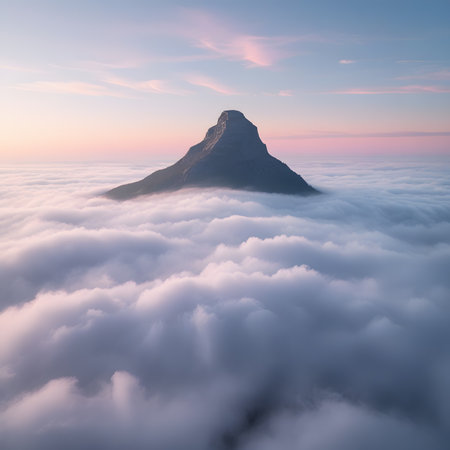 Mountain peak above the clouds at sunrise. Beautiful nature landscape.の素材