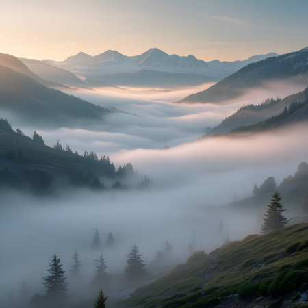 Morning fog in the mountains. Carpathians, Ukraine, Europe.の素材