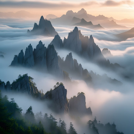 Foggy sunrise in Huangshan National Park, China.の素材