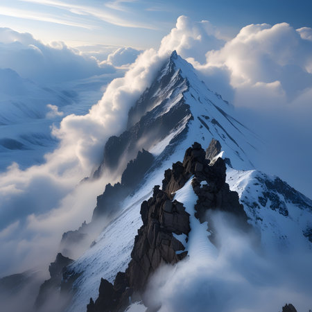Beautiful mountain landscape with snow and clear blue sky in the cloudsの素材