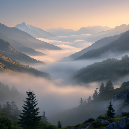 Foggy morning in the mountains. Landscape with fog and clouds.の素材