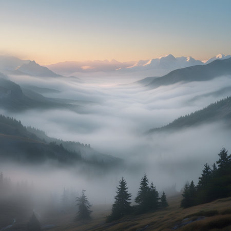 Foggy sunrise in the mountains. Carpathian, Ukraineの素材