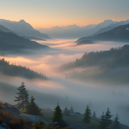 Foggy morning in the mountains. Colorful autumn landscape.の素材